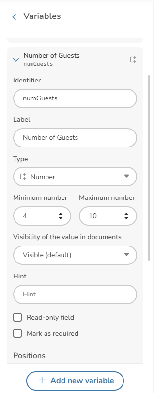 Variable properties panel