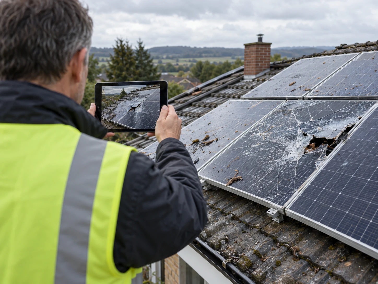 Insurance assessor documenting storm damage on solar panels